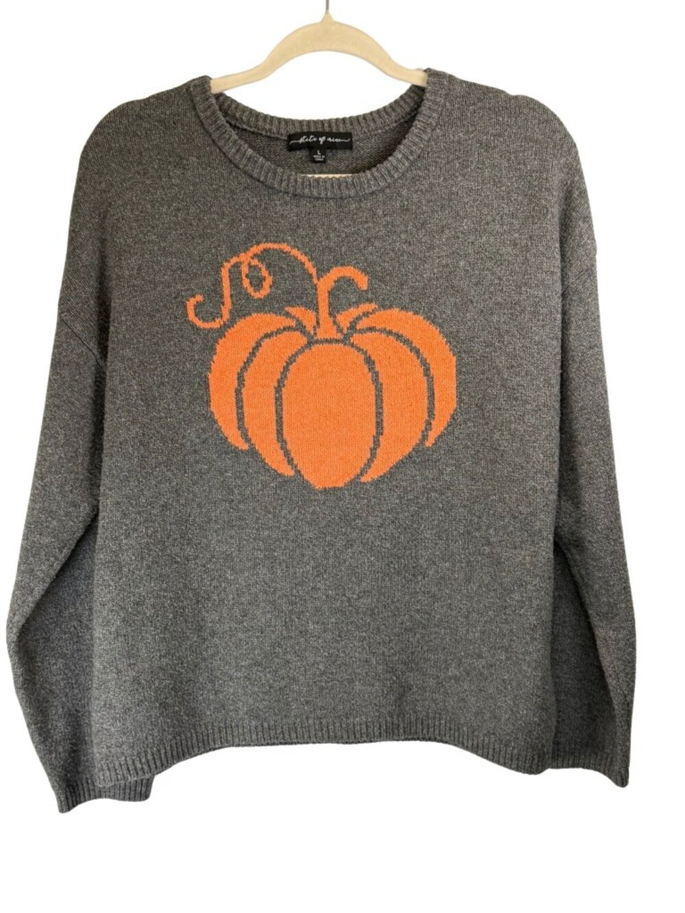 State of Mine Gray Orange Pumpkin Sweater Womens Large Fall Halloween Pullover